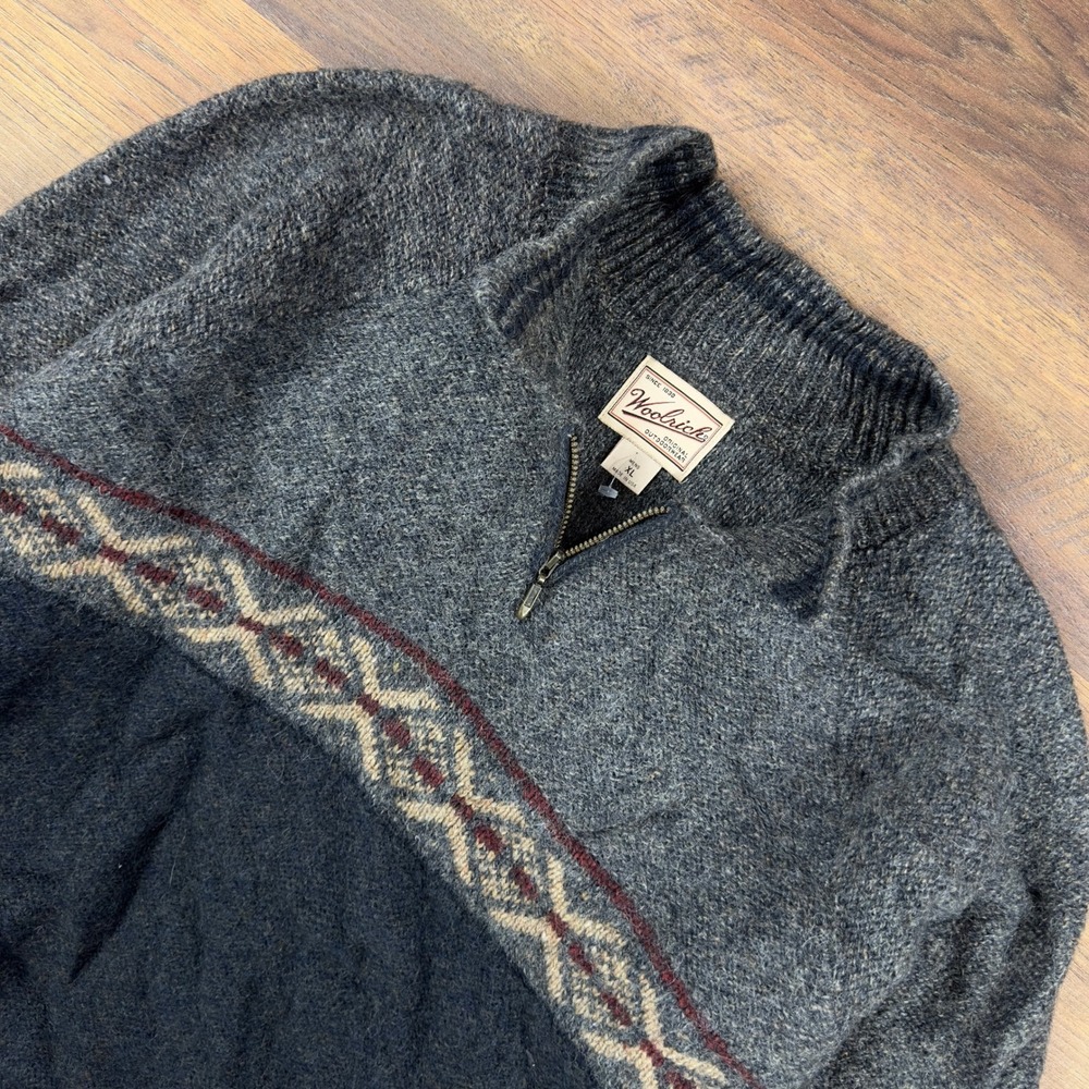 Vintage Woolrich Mens XL Quarter Zip Fair Isle Grey Navy Wool Blend Made in USA